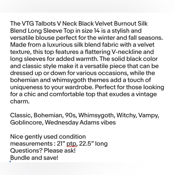 VTG Talbots V Neck Black Velvet Burnout Silk Blend Long Sleeve Top size 14 - Picture 9 of 9